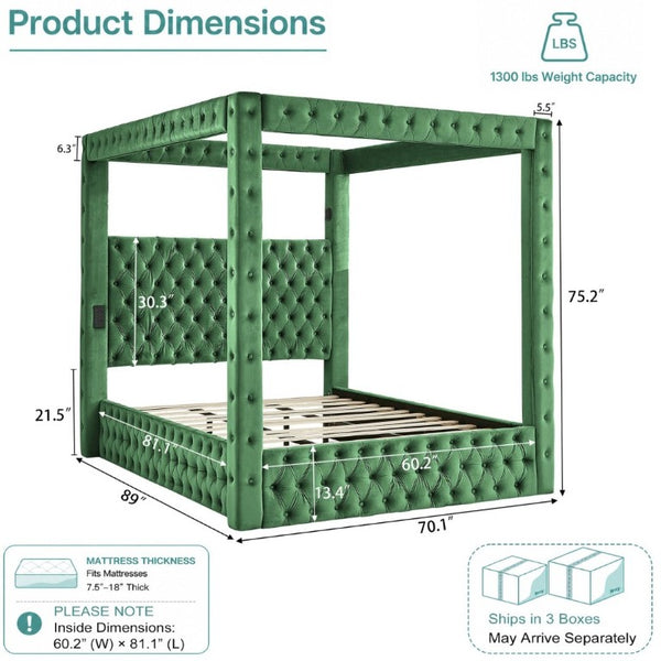 English Elm Canopy Queen Bed Tufted Velvet Four Poster Frame with Bluetooth and USB Charging Ports Green W1191S00168