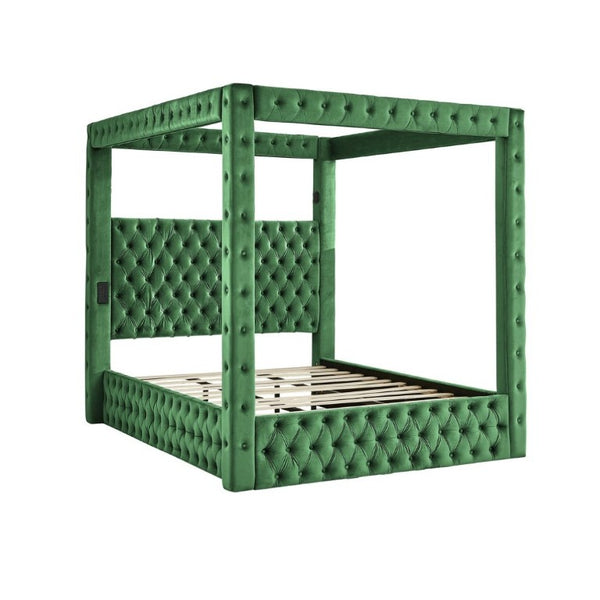 English Elm Canopy Queen Bed Tufted Velvet Four Poster Frame with Bluetooth and USB Charging Ports Green W1191S00168