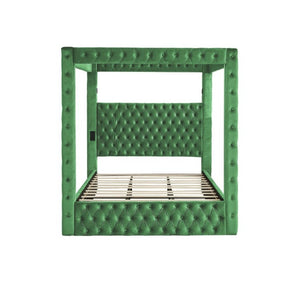 English Elm Canopy Queen Bed Tufted Velvet Four Poster Frame with Bluetooth and USB Charging Ports Green W1191S00168