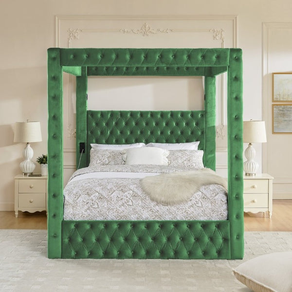 English Elm Canopy Queen Bed Tufted Velvet Four Poster Frame with Bluetooth and USB Charging Ports Green W1191S00168