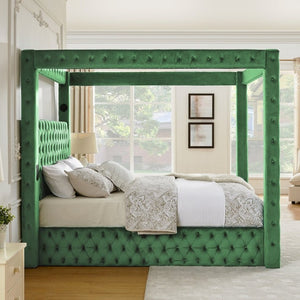 English Elm Canopy Queen Bed Tufted Velvet Four Poster Frame with Bluetooth and USB Charging Ports Green W1191S00168
