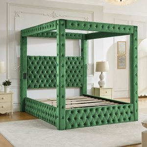 English Elm Canopy Queen Bed Tufted Velvet Four Poster Frame with Bluetooth and USB Charging Ports Green W1191S00168