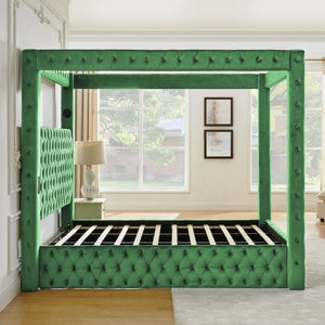 English Elm Canopy Queen Bed Tufted Velvet Four Poster Frame with Bluetooth and USB Charging Ports Green W1191S00168