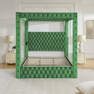 English Elm Canopy Queen Bed Tufted Velvet Four Poster Frame with Bluetooth and USB Charging Ports Green W1191S00168