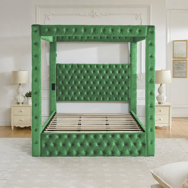 English Elm Canopy Queen Bed Tufted Velvet Four Poster Frame with Bluetooth and USB Charging Ports Green W1191S00168