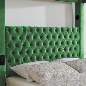 English Elm Canopy Queen Bed Tufted Velvet Four Poster Frame with Bluetooth and USB Charging Ports Green W1191S00168