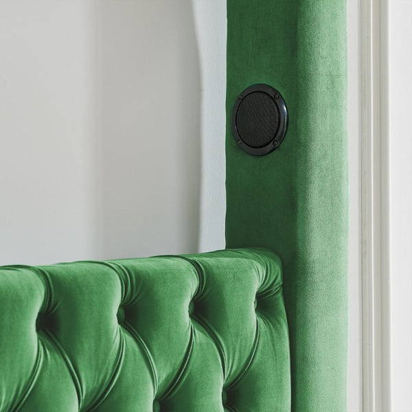 English Elm Canopy Queen Bed Tufted Velvet Four Poster Frame with Bluetooth and USB Charging Ports Green W1191S00168