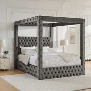English Elm Canopy Queen Bed Tufted Velvet Four Poster Frame with Bluetooth and USB Charging Ports Gray W1191S00169