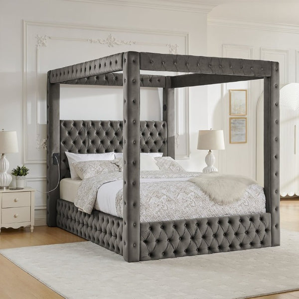 English Elm Canopy Queen Bed Tufted Velvet Four Poster Frame with Bluetooth and USB Charging Ports Gray W1191S00169