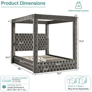 English Elm Canopy Queen Bed Tufted Velvet Four Poster Frame with Bluetooth and USB Charging Ports Gray W1191S00169