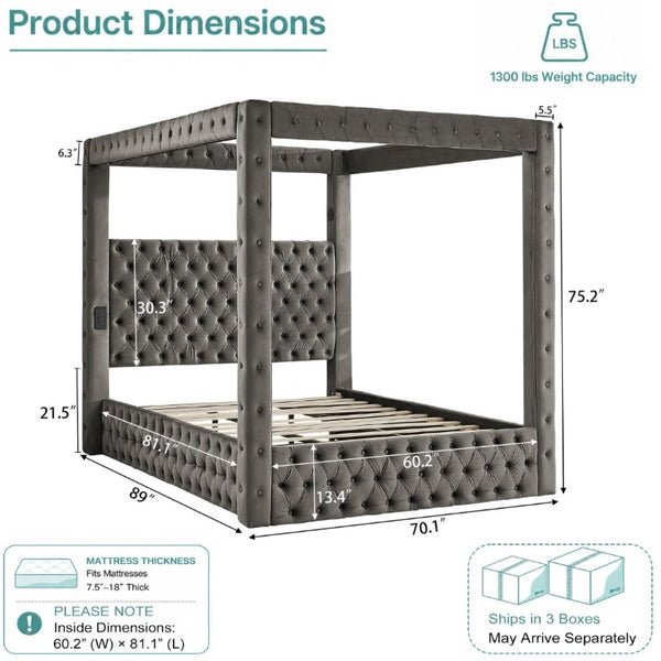 English Elm Canopy Queen Bed Tufted Velvet Four Poster Frame with Bluetooth and USB Charging Ports Gray W1191S00169