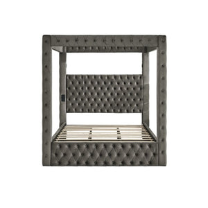 English Elm Canopy Queen Bed Tufted Velvet Four Poster Frame with Bluetooth and USB Charging Ports Gray W1191S00169