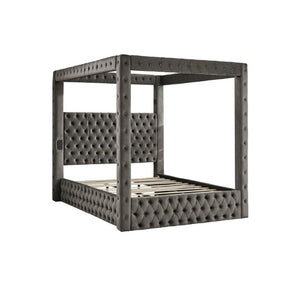 English Elm Canopy Queen Bed Tufted Velvet Four Poster Frame with Bluetooth and USB Charging Ports Gray W1191S00169