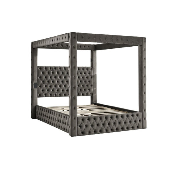English Elm Canopy Queen Bed Tufted Velvet Four Poster Frame with Bluetooth and USB Charging Ports Gray W1191S00169