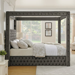 English Elm Canopy Queen Bed Tufted Velvet Four Poster Frame with Bluetooth and USB Charging Ports Gray W1191S00169