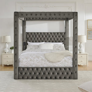 English Elm Canopy Queen Bed Tufted Velvet Four Poster Frame with Bluetooth and USB Charging Ports Gray W1191S00169