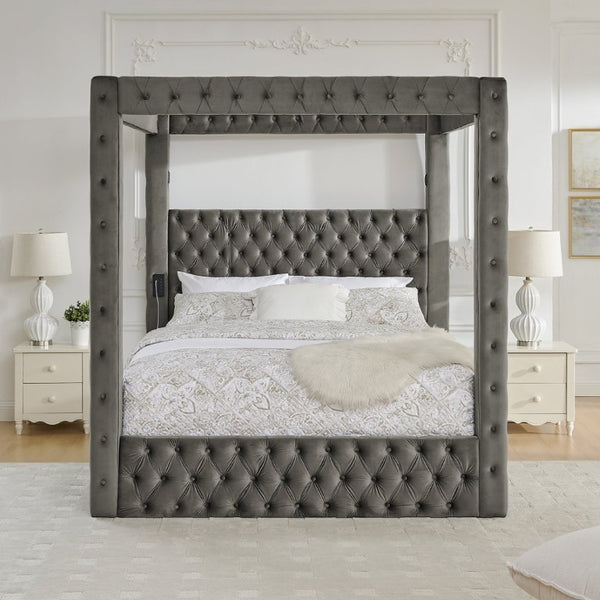 English Elm Canopy Queen Bed Tufted Velvet Four Poster Frame with Bluetooth and USB Charging Ports Gray W1191S00169