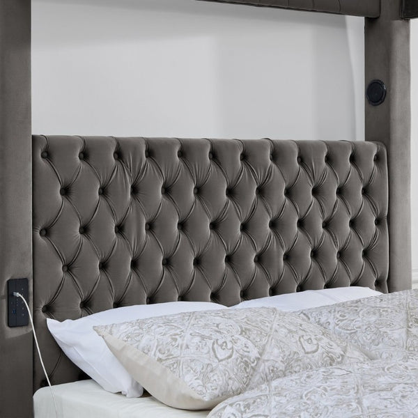 English Elm Canopy Queen Bed Tufted Velvet Four Poster Frame with Bluetooth and USB Charging Ports Gray W1191S00169