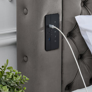 English Elm Canopy Queen Bed Tufted Velvet Four Poster Frame with Bluetooth and USB Charging Ports Gray W1191S00169