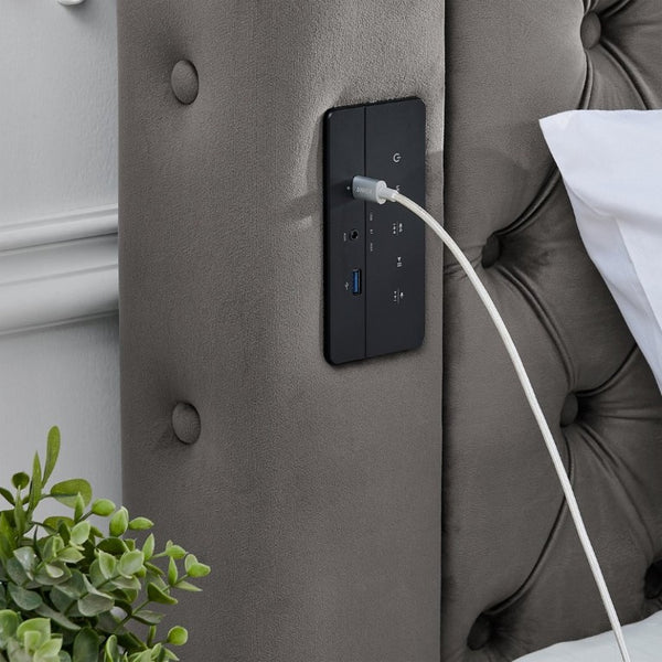 English Elm Canopy Queen Bed Tufted Velvet Four Poster Frame with Bluetooth and USB Charging Ports Gray W1191S00169