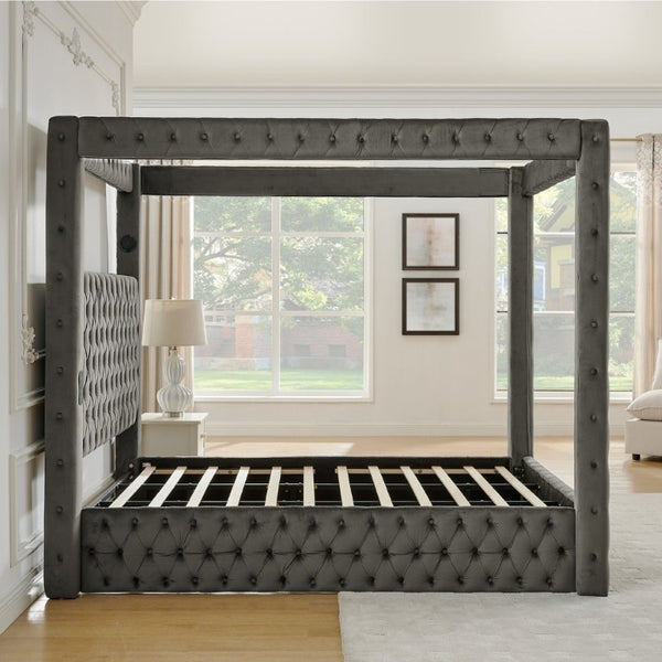 English Elm Canopy Queen Bed Tufted Velvet Four Poster Frame with Bluetooth and USB Charging Ports Gray W1191S00169