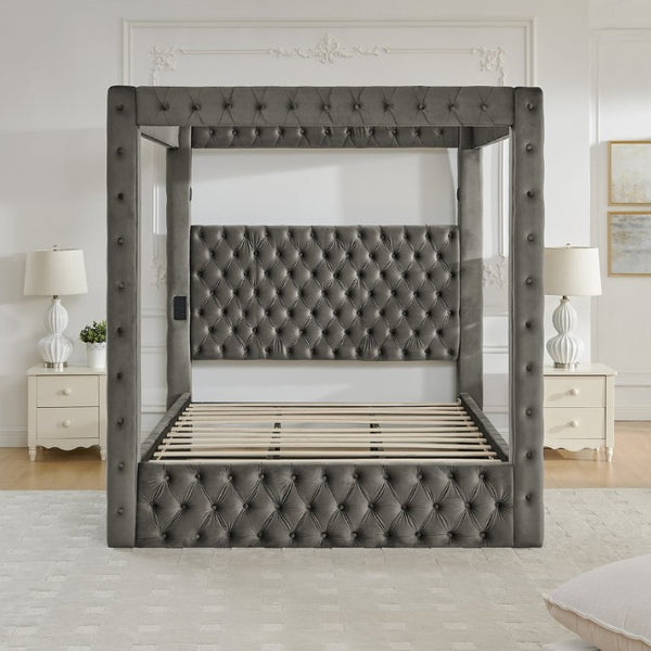 English Elm Canopy Queen Bed Tufted Velvet Four Poster Frame with Bluetooth and USB Charging Ports Gray W1191S00169