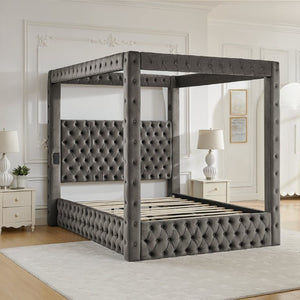 English Elm Canopy Queen Bed Tufted Velvet Four Poster Frame with Bluetooth and USB Charging Ports Gray W1191S00169