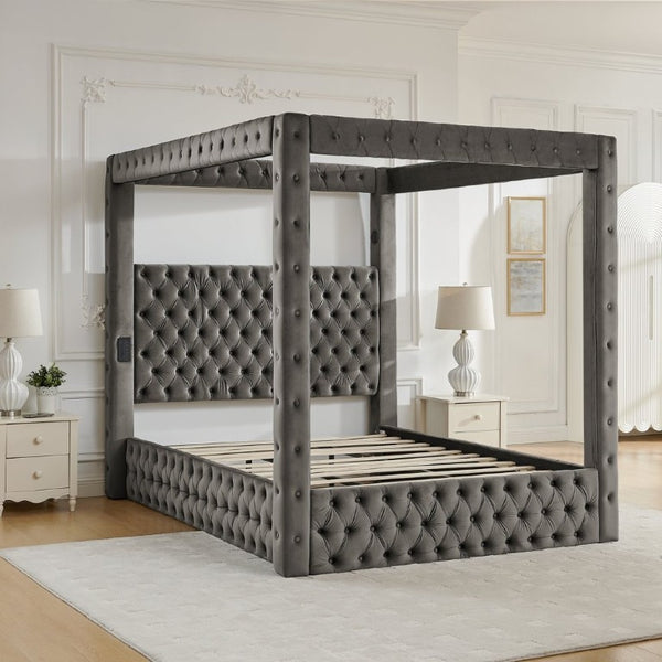 English Elm Canopy Queen Bed Tufted Velvet Four Poster Frame with Bluetooth and USB Charging Ports Gray W1191S00169