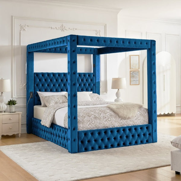English Elm Canopy Queen Bed Tufted Velvet Four Poster Frame with Bluetooth and USB Charging Ports Blue W1191S00170