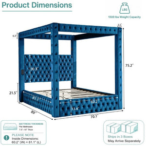 English Elm Canopy Queen Bed Tufted Velvet Four Poster Frame with Bluetooth and USB Charging Ports Blue W1191S00170