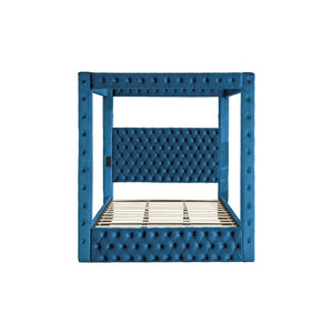 English Elm Canopy Queen Bed Tufted Velvet Four Poster Frame with Bluetooth and USB Charging Ports Blue W1191S00170