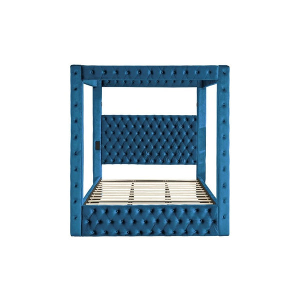 English Elm Canopy Queen Bed Tufted Velvet Four Poster Frame with Bluetooth and USB Charging Ports Blue W1191S00170