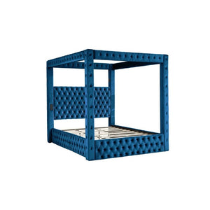 English Elm Canopy Queen Bed Tufted Velvet Four Poster Frame with Bluetooth and USB Charging Ports Blue W1191S00170