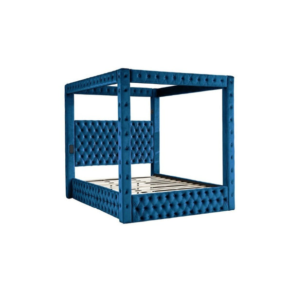 English Elm Canopy Queen Bed Tufted Velvet Four Poster Frame with Bluetooth and USB Charging Ports Blue W1191S00170