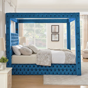 English Elm Canopy Queen Bed Tufted Velvet Four Poster Frame with Bluetooth and USB Charging Ports Blue W1191S00170