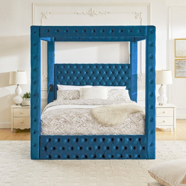 English Elm Canopy Queen Bed Tufted Velvet Four Poster Frame with Bluetooth and USB Charging Ports Blue W1191S00170