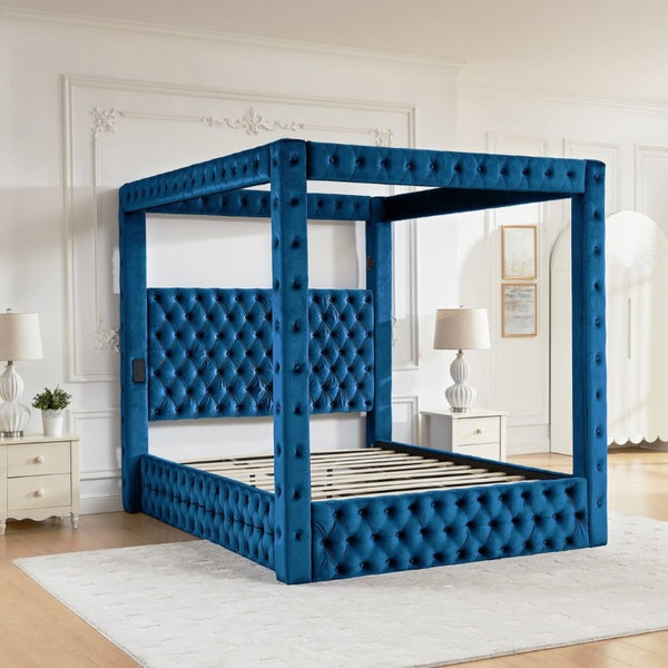 English Elm Canopy Queen Bed Tufted Velvet Four Poster Frame with Bluetooth and USB Charging Ports Blue W1191S00170