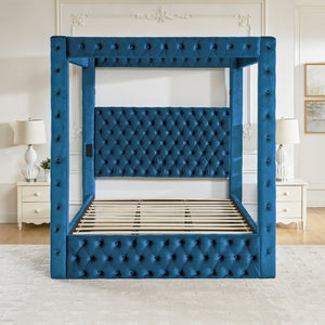 English Elm Canopy Queen Bed Tufted Velvet Four Poster Frame with Bluetooth and USB Charging Ports Blue W1191S00170