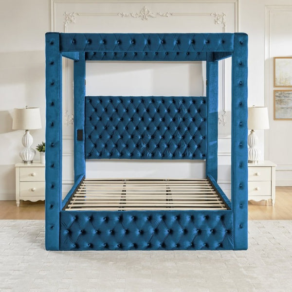 English Elm Canopy Queen Bed Tufted Velvet Four Poster Frame with Bluetooth and USB Charging Ports Blue W1191S00170