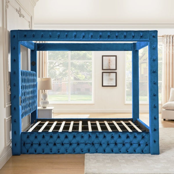 English Elm Canopy Queen Bed Tufted Velvet Four Poster Frame with Bluetooth and USB Charging Ports Blue W1191S00170
