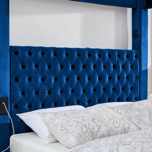 English Elm Canopy Queen Bed Tufted Velvet Four Poster Frame with Bluetooth and USB Charging Ports Blue W1191S00170