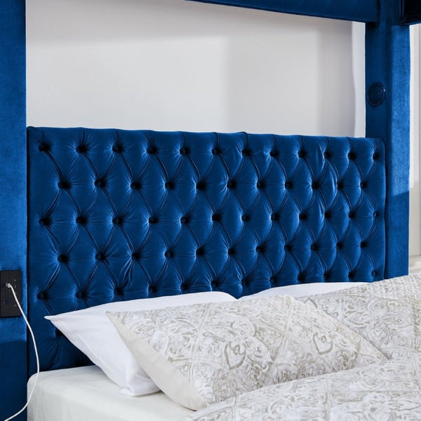 English Elm Canopy Queen Bed Tufted Velvet Four Poster Frame with Bluetooth and USB Charging Ports Blue W1191S00170