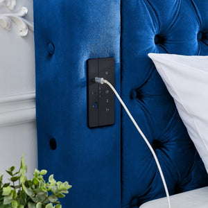 English Elm Canopy Queen Bed Tufted Velvet Four Poster Frame with Bluetooth and USB Charging Ports Blue W1191S00170