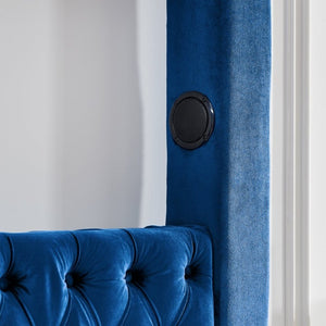 English Elm Canopy Queen Bed Tufted Velvet Four Poster Frame with Bluetooth and USB Charging Ports Blue W1191S00170