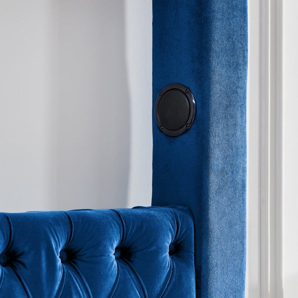 English Elm Canopy Queen Bed Tufted Velvet Four Poster Frame with Bluetooth and USB Charging Ports Blue W1191S00170