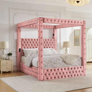 English Elm Canopy Queen Bed Tufted Velvet Four Poster Frame with Bluetooth and USB Charging Ports Pink W1191S00172