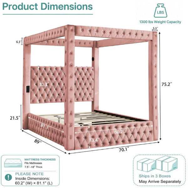 English Elm Canopy Queen Bed Tufted Velvet Four Poster Frame with Bluetooth and USB Charging Ports Pink W1191S00172