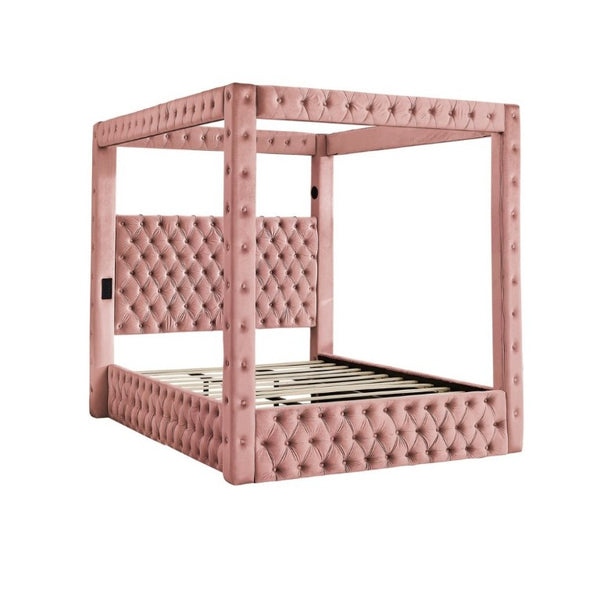 English Elm Canopy Queen Bed Tufted Velvet Four Poster Frame with Bluetooth and USB Charging Ports Pink W1191S00172