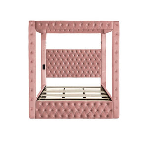 English Elm Canopy Queen Bed Tufted Velvet Four Poster Frame with Bluetooth and USB Charging Ports Pink W1191S00172