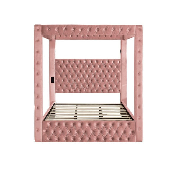 English Elm Canopy Queen Bed Tufted Velvet Four Poster Frame with Bluetooth and USB Charging Ports Pink W1191S00172